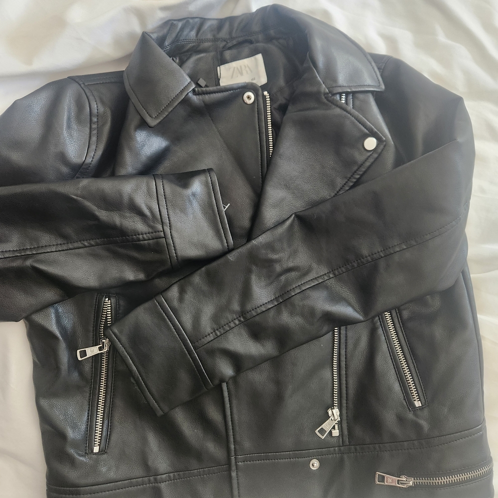 Kids Zara Black Faux Leather Moto Jacket with Silver Hardware